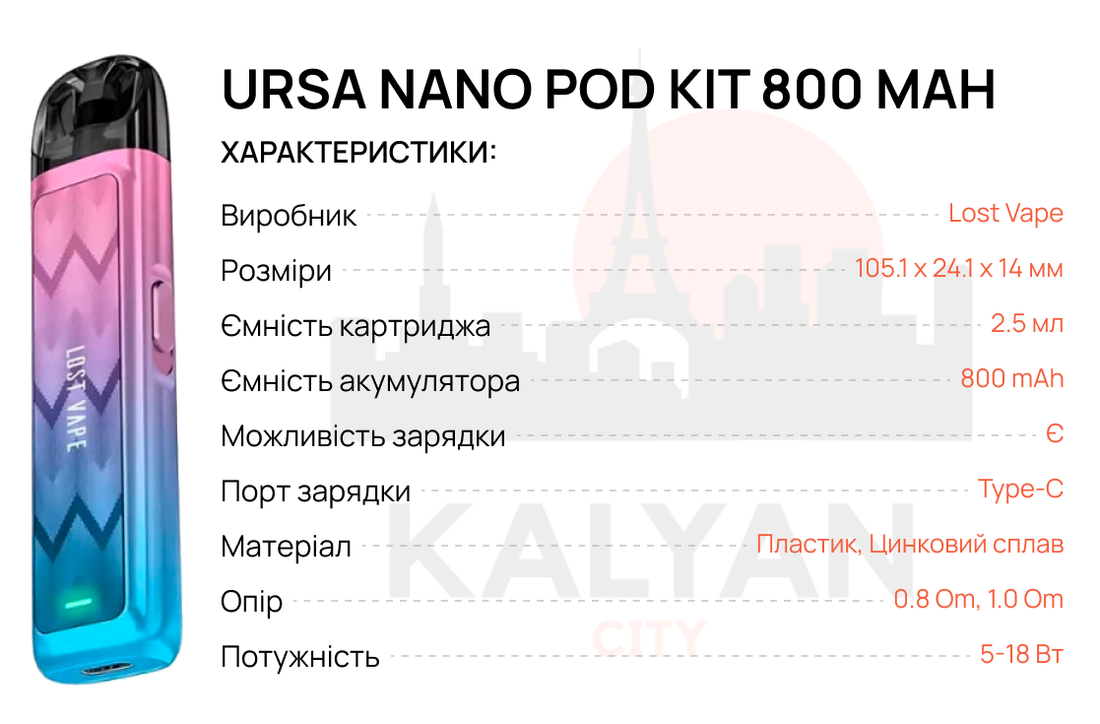 Lost Vape Ursa Nano Pod Kit 800 mAh Технічні характеристики