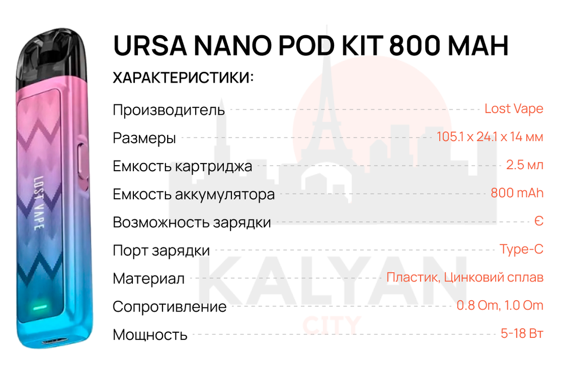 Lost Vape Ursa Nano Pod Kit 800 mAh Технические характеристики