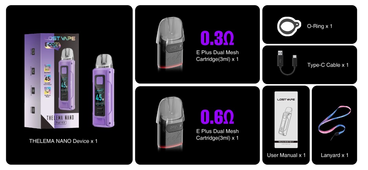 Комплектация девайса Lost Vape Thelema Nanoe
