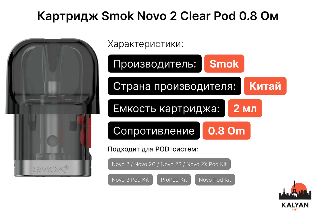 Картридж Smok Novo 2 Clear Pod 0.8 Ом Характеристики